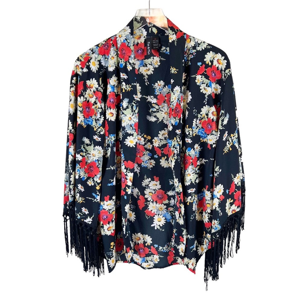 Fun & Flirt Fringe Sleeve Floral Kimono